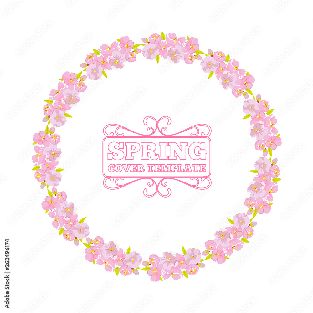 Cherry blossom wreath frame for invitation or greeting car design. Circle or round flower border. Vector illustration. Cherry blossom wreath frame for invitation or greeting car design. Circle or round flower border. Vector illustration.