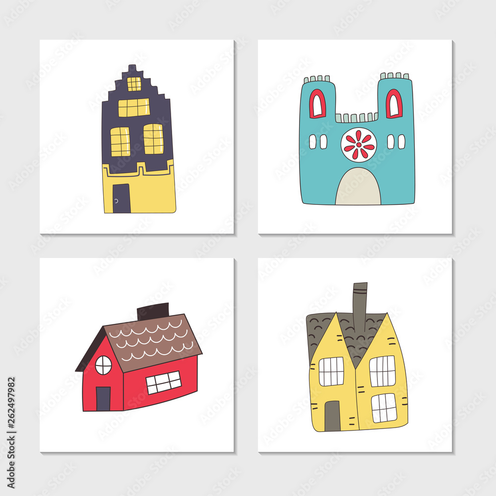 Fototapeta premium Set of illustrated cards with cute and fun hand drawn old european houses. Vector illustration.