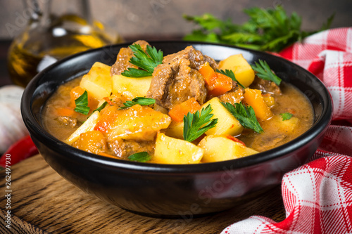 Goulash with meat and vegetables. Beef stew.