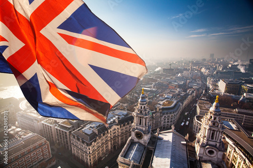 Photography Rooftop view of London and UK flag