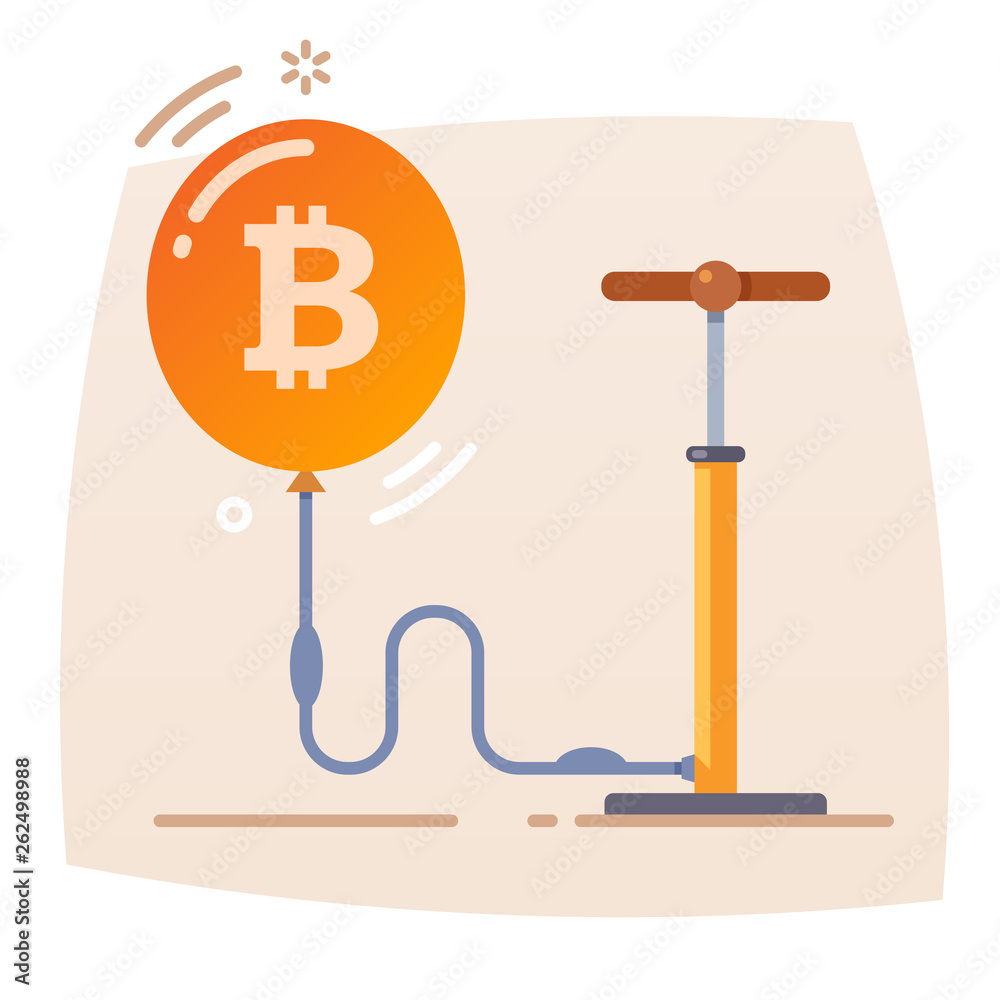 Money bubble. Conceptual illustration. Hand pump inflates balloon with bitcoin sign Money bubble. Conceptual illustration. Hand pump inflates balloon with bitcoin sign