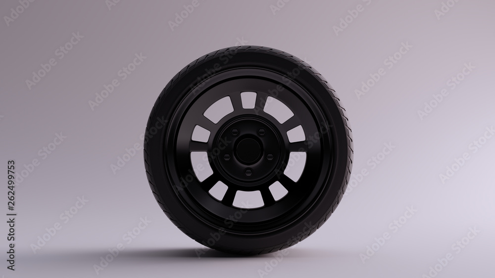 Black Alloy Rim Wheel Retro Wheel with a Semi Closed Design with Racing Tyre 3d illustration 3d render Black Alloy Rim Wheel Retro Wheel with a Semi Closed Design with Racing Tyre 3d illustration 3d render