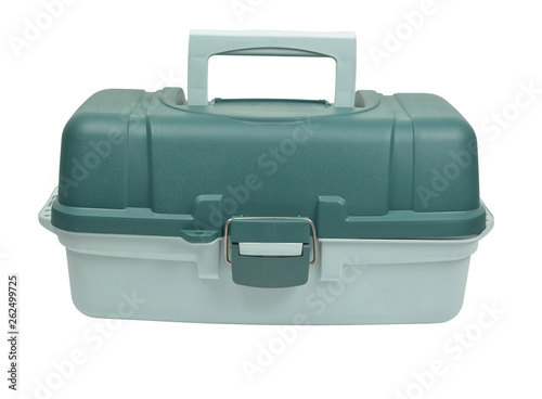 Box for fishing lures on white background