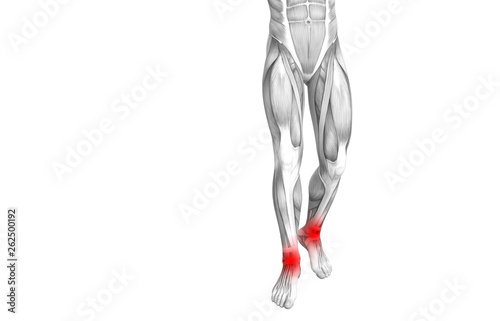 Conceptual ankle human anatomy with red hot spot inflammation or articular joint pain for leg health care therapy or sport muscle concepts. 3D illustration man arthritis or bone osteoporosis disease