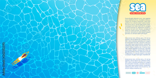 Woman in white bathing suit swim in the blue sea or pool, view from above. Flat vector illustration. Minimalism. Place for text or advertising.