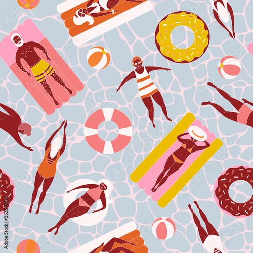 Seamless pattern with swimming people on inflatable mattresses, donuts, rings. Flat vector illustration. Summer vacation at sea, sunbathing girls and boys with red skin.