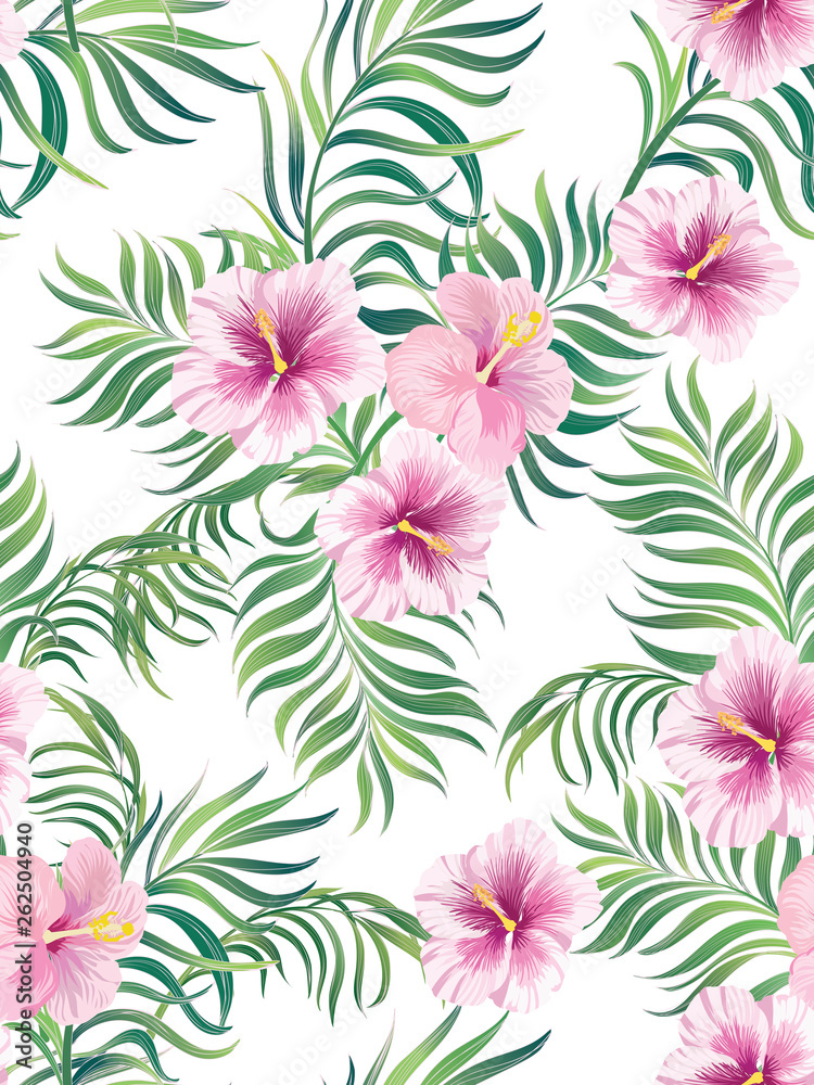 Tropical vector seamless background. Jungle pattern with flowers, monstera and palm leaves. Stock vector.