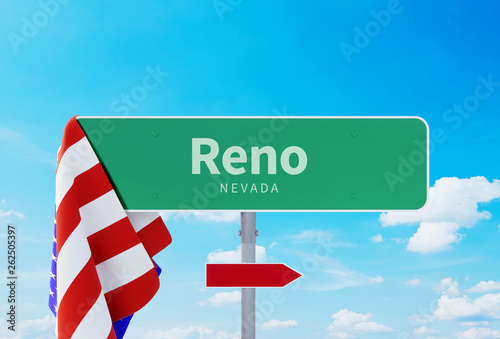 Reno - Nevada. Road or Town Sign. Flag of the united states. Blue Sky. Red arrow shows the direction in the city © MQ-Illustrations