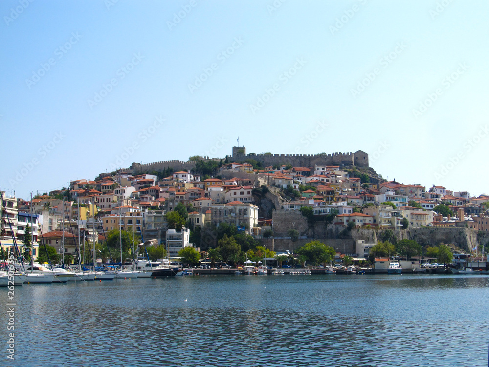 Cityscape with old fortress in Kavala, Greece