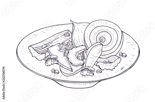 Delicious salad with vegetables and nuts on plate hand drawn with contour lin...