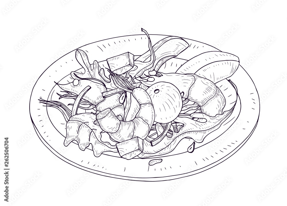 A hand-drawn sketch of a dinner service for a wedding ceremony. Preparation  for the wedding ceremony. Plates, champagne glasses, knife, spoon, fork,  napkin, wine glass. Serving. On a white background 18848902 Vector