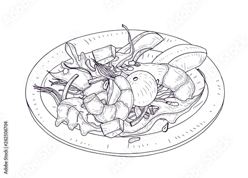 Delicious salad with seafood and vegetables on plate hand drawn with contour lines on white background. Wholesome meal made of shrimps, avocado, lettuce leaves. Realistic vector illustration.