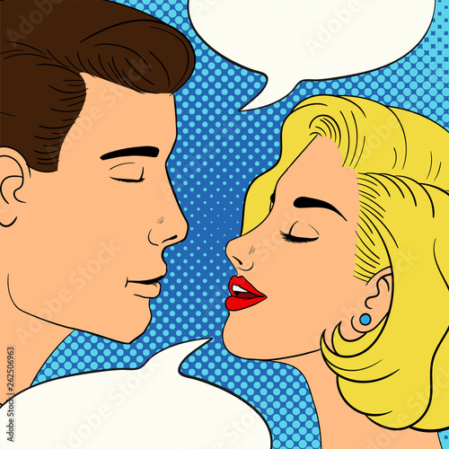 The dialogue between a man and a woman. Vintage vector illustration in pop art style