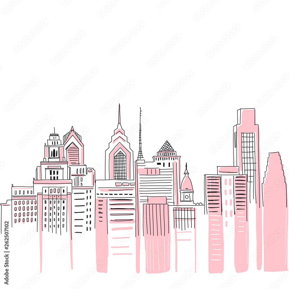 New York city scape background. Hand drawn vector doodle graphics. Pink and black colours. Perfect for girlish design.