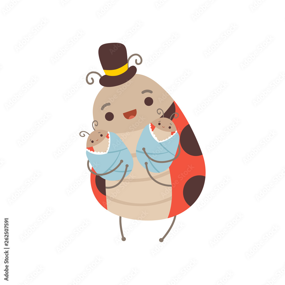 Fototapeta premium Happy Ladybug Family, Manly Ladybug with Top Hat on His Head Holding His Newborn Babies, Cute Cartoon Insects Characters Vector Illustration