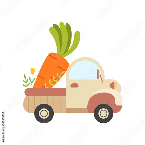 Cute Truck with Giant Carrot, Side View, Food Delivery, Shipping of Fresh Garden Vegetables Vector Illustration