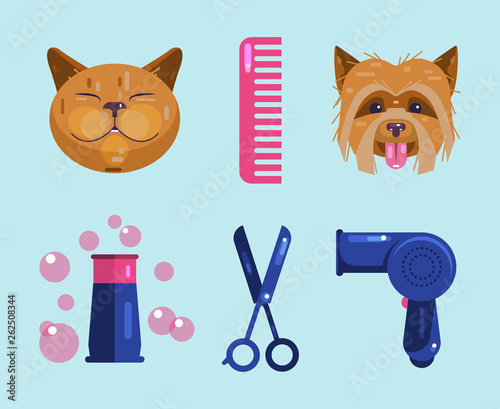 Cats and dogs grooming. Pet Grooming Icons