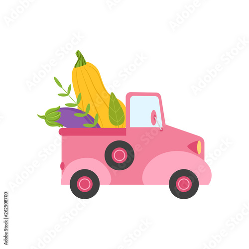 Cute Pink Truck with Giant Zucchini and Eggplant, Side View, Food Delivery, Shipping of Fresh Garden Vegetables Vector Illustration