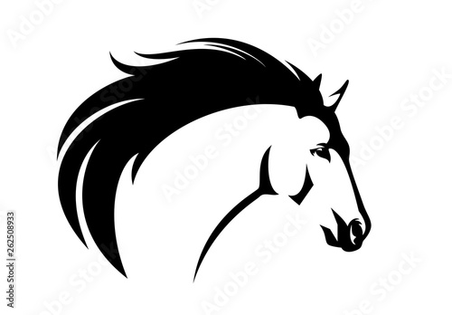 profile mustang horse head with flying mane - black and white animal vector portrait