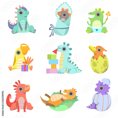 Cute Colorful Little Dinos Set, Adorable Baby Dinosaurs Characters Vector Illustration