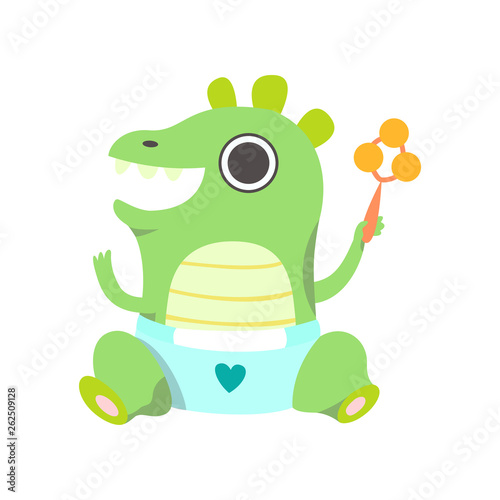 Cute Little Dino Wearing Diaper Sitting with Rattle, Green Adorable Baby Dinosaur Character Vector Illustration