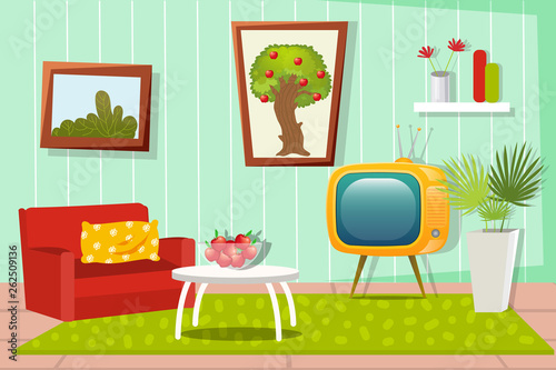 The interior of the living room is made in cartoon style with furniture. TV, chair, carpet, fruit table.