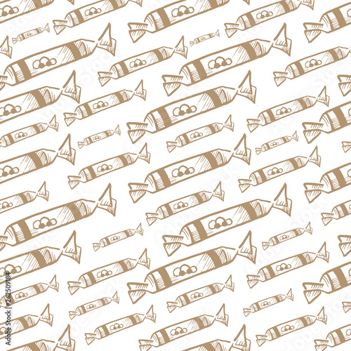 Candy seamless sketch pattern. Hand drawn brown candies on white background. Wallpaper pattern, doodle of sweetmeats and sweet-stuff.