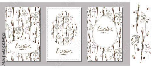 Set of Easter greeting cards, templates with willow branches, herbs and eggs. Willow branches and herbs isolated on a white background. Lettering. Happy Easter