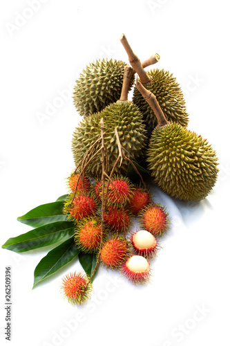 Rambutan with leaf and durian isolated on white background