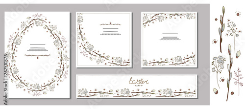 Set of Easter greeting cards, templates with willow branches, herbs. Willow wreath in the form of egg. Willow branches and herbs isolated on a white background. Lettering. Happy Easter