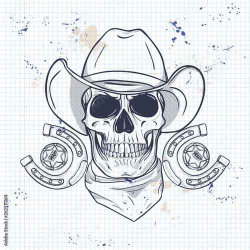 Sketch, skull with horseshoe, sheriff_s badge, cowboy hat, neck scarf on a notebook page