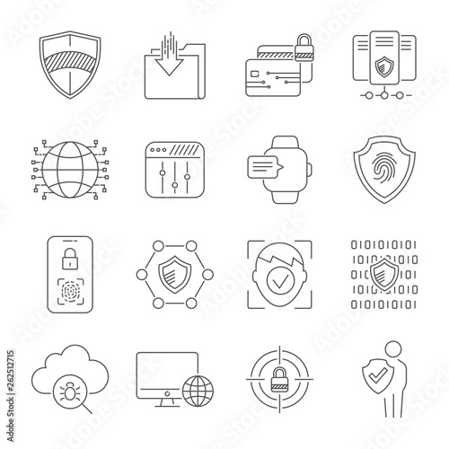 Modern digital technologies. Face recognition, fingerprint scanner, data protection, personal security, digital communication systems, social networks. Protection concept. Editable Stroke. EPS 10