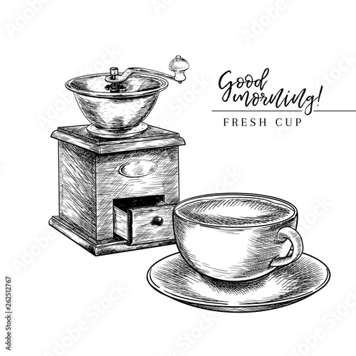 Coffee set. Hand drawn coffee vintage grinder or mill and cup. Vector engraved icon. Morning fresh drink. For restaurant and cafe menu, coffee shop flyer, banner design template.