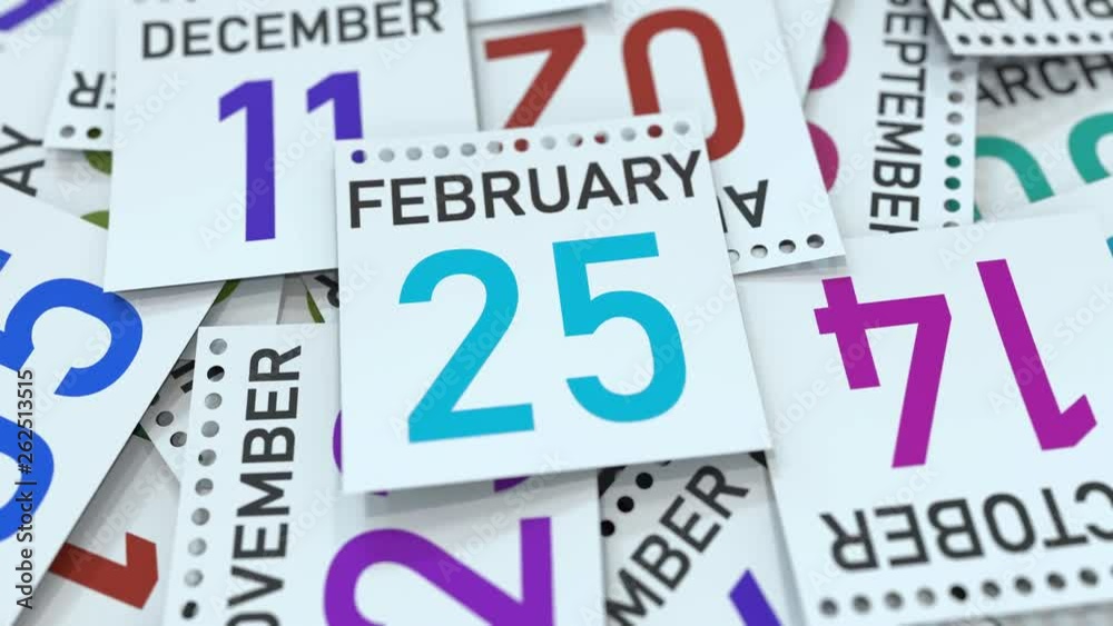 February 25 date on calendar page. 3D animation February 25 date on calendar page. 3D animation