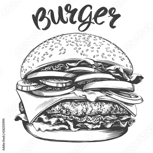 big burger, hamburger hand drawn vector illustration realistic sketch