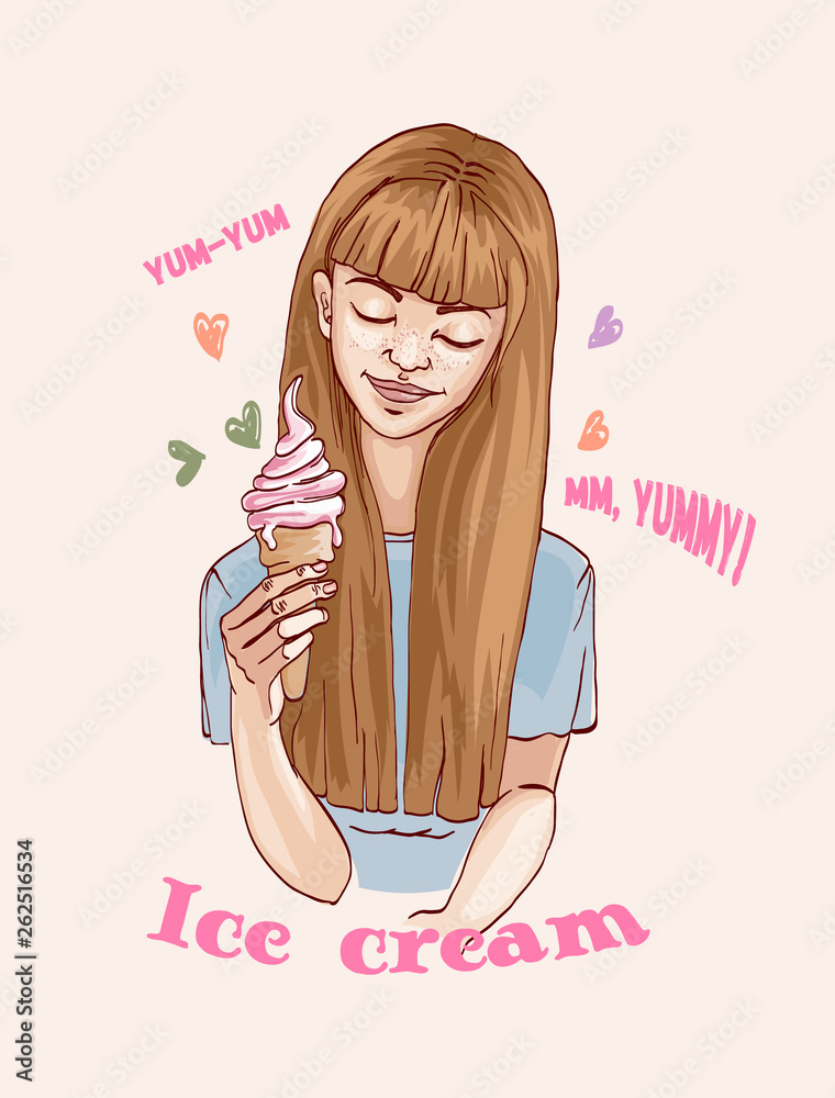 Beautiful young girl holding a big ice cream. Poster with the slogan ice cream, yummy, yum-yum. Hand drawn sketch. Vector illustration. Beautiful young girl holding a big ice cream. Poster with the slogan ice cream, yummy, yum-yum. Hand drawn sketch. Vector illustration.