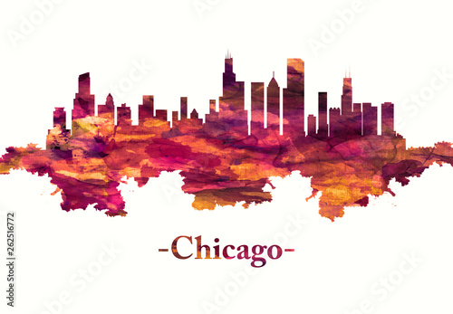 Chicago Illinois skyline in red