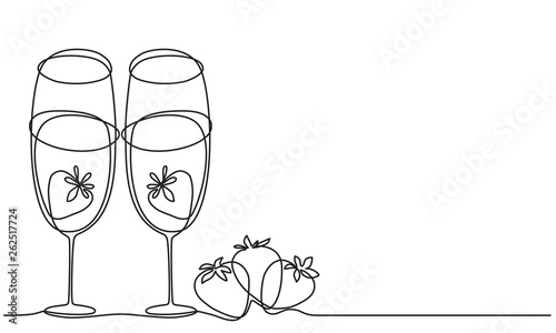 Wine glasses and strawberry. Glasses of champagne and strawberries. Line drawing