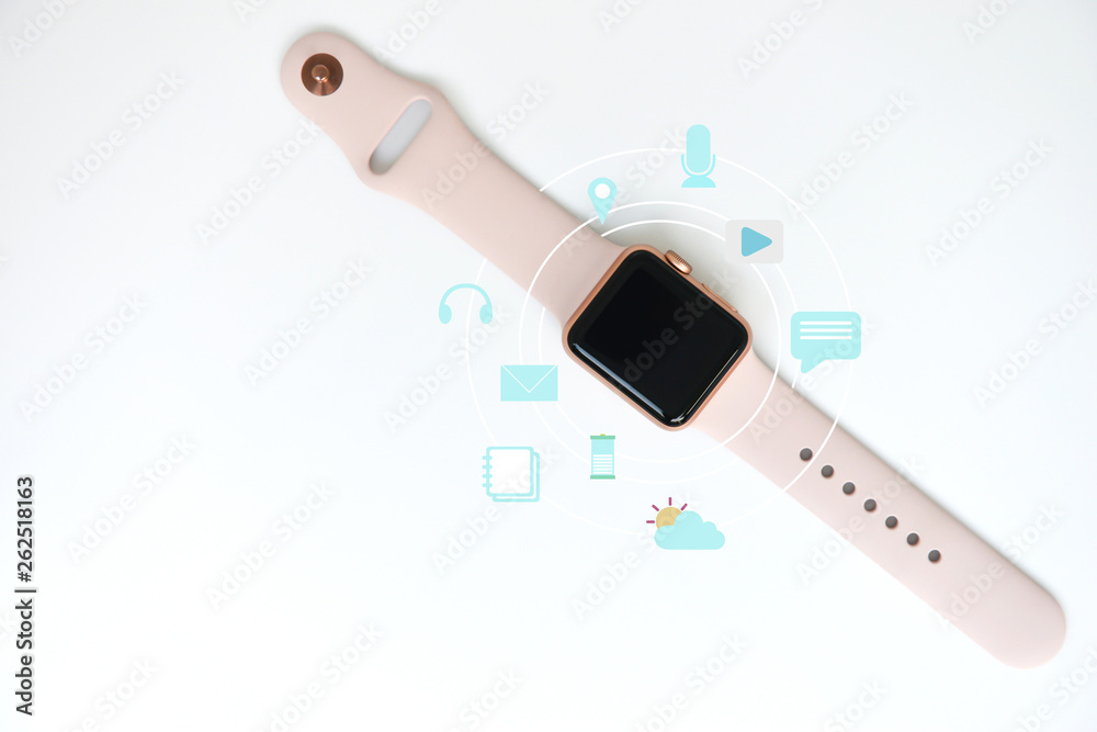 Pink woman smart watch with media icon on the white for watch technology concept Pink woman smart watch with media icon on the white for watch technology concept