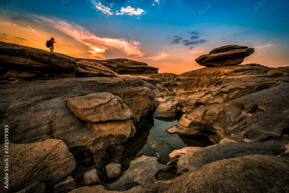 Landscape of sunset at Sam Phan Bok in Ubonratchathani unseen in Thailand. The Grand Canyon of Thailand.