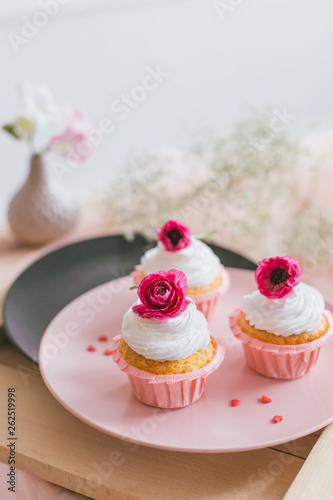 delicious cake and cupcakes in a beautiful decor makes pastry chef