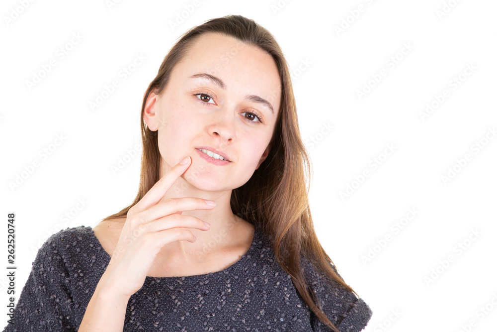 Beautiful young woman portrait hand under chin in white background Beautiful young woman portrait hand under chin in white background