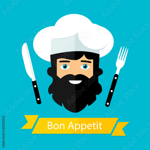 Vector flat illustration, logo or icon happy cook gourmet. Bon appetit banner for canteens, cafes, restaurants, advertising signs, and not only