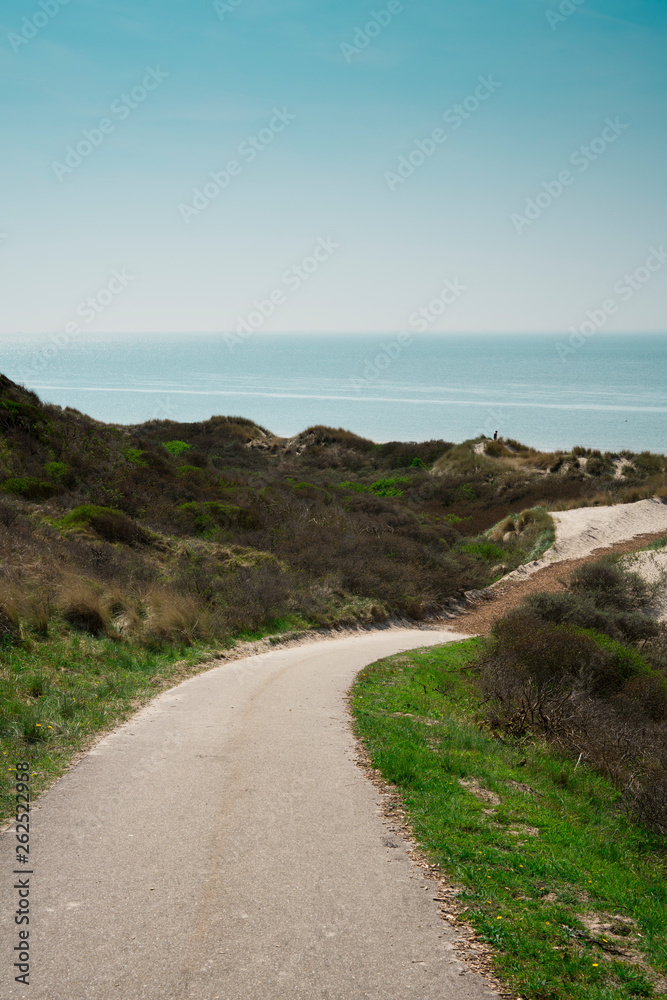 hiking path through the dune landscape of Burgh Haamstede, The Netherlands. North Sea Coast