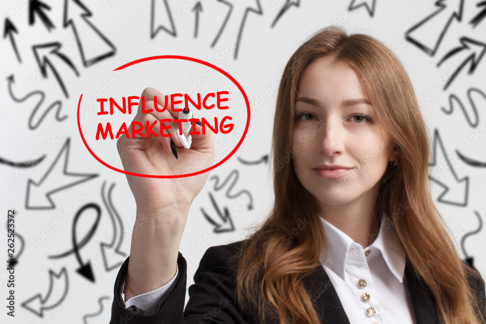 Business, technology, internet and networking concept. Young entrepreneur showing keyword: Influence marketing