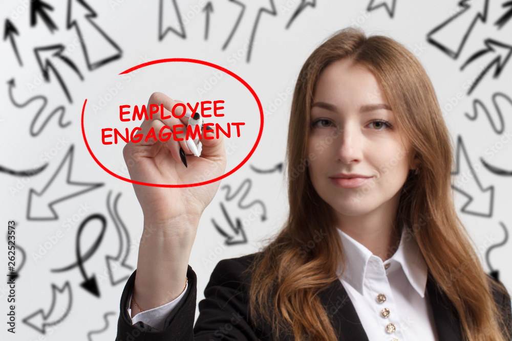 Business, technology, internet and networking concept. Young entrepreneur showing keyword: Employee engagement Business, technology, internet and networking concept. Young entrepreneur showing keyword: Employee engagement