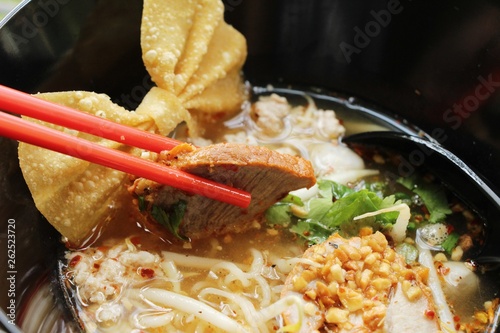 Pork noodle with vegetable and soup delicious