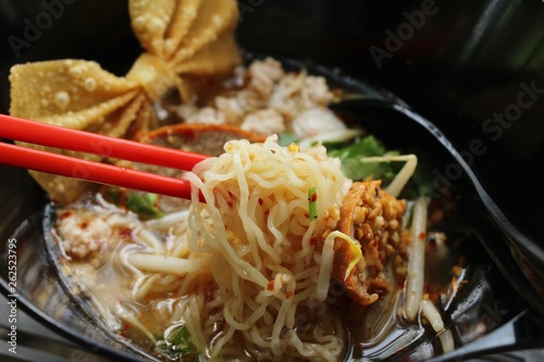Pork noodle with vegetable and soup delicious