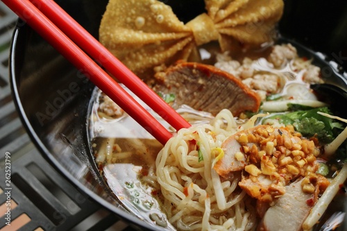 Pork noodle with vegetable and soup delicious