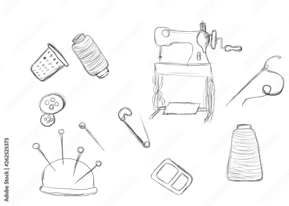 Sewing Kit Doodles - hand drawn design elements seamstress in rastr